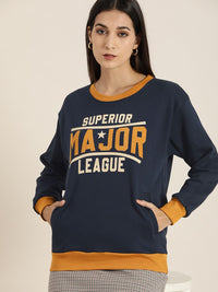 DILLINGER Women Navy Blue Printed Oversized Sweatshirt