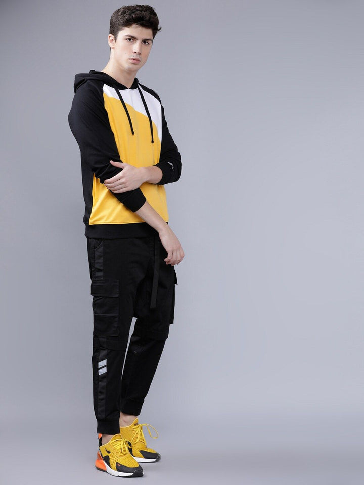 The Indian Garage Co Men Black & Yellow Colourblocked Hooded Sweatshirt