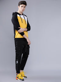 The Indian Garage Co Men Black & Yellow Colourblocked Hooded Sweatshirt