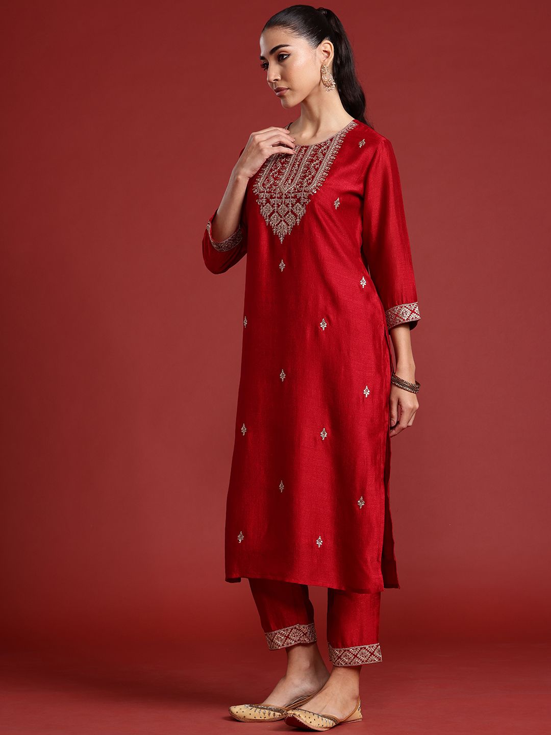 Indo Era Ethnic Motifs Embroidered Sequinned Kurta With Trousers & Dupatta