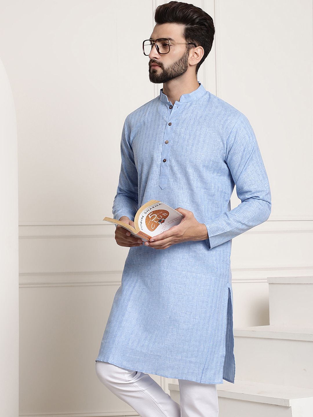 SOJANYA Men Blue Dobby Self-Checked Straight Kurta