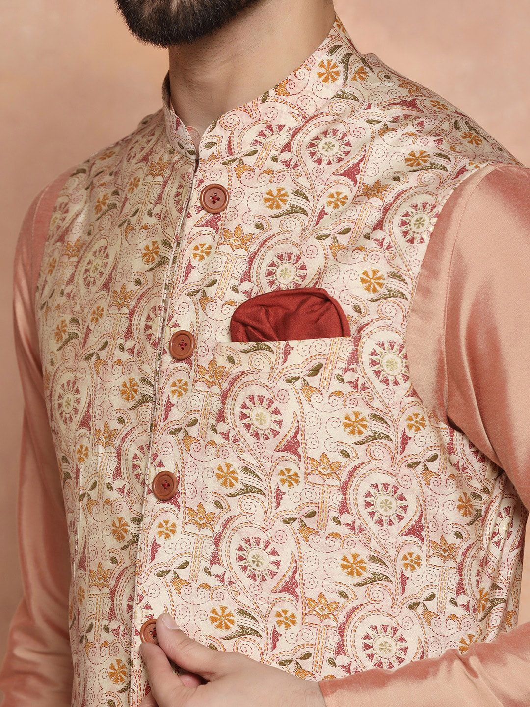 KISAH Printed Nehru Jackets With Pocket Square