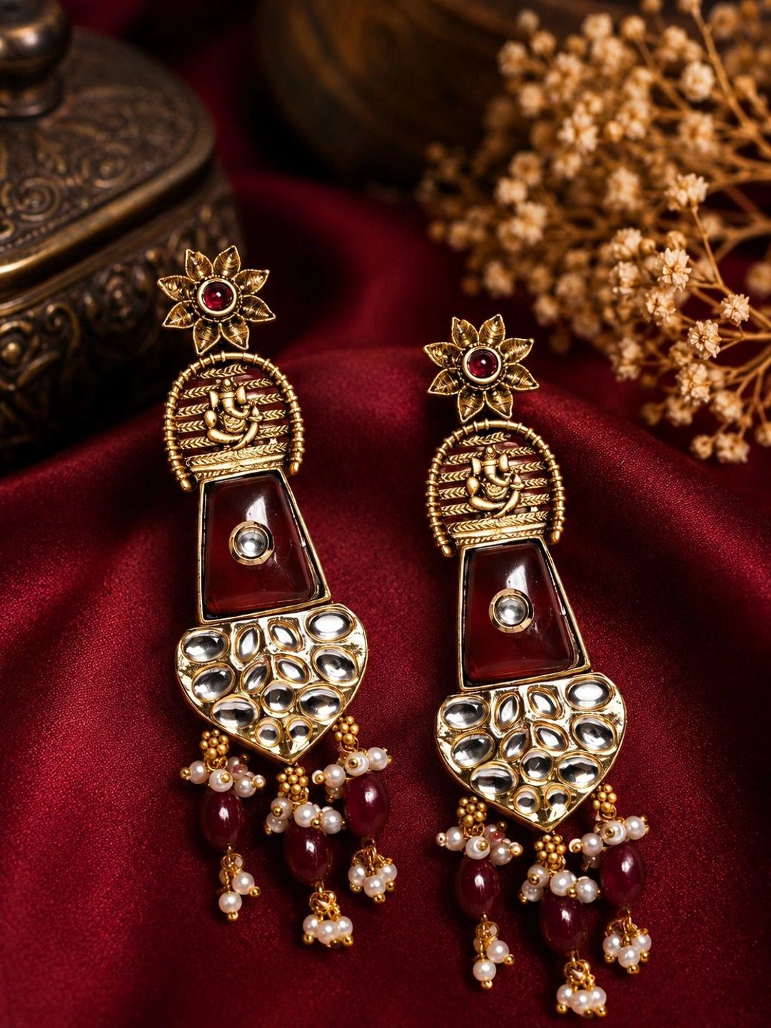 PANASH Gold Plated Cubic Zirconia Studded Contemporary Drop Earrings