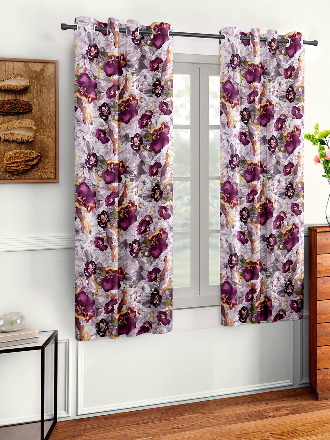 Cortina Purple & Brown Set of 2 Floral Window Curtain