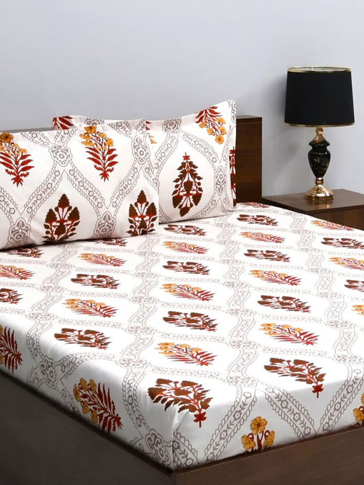 BOMBAY DYEING White & Red Floral 160 TC Queen Bedsheet with 2 Pillow Covers