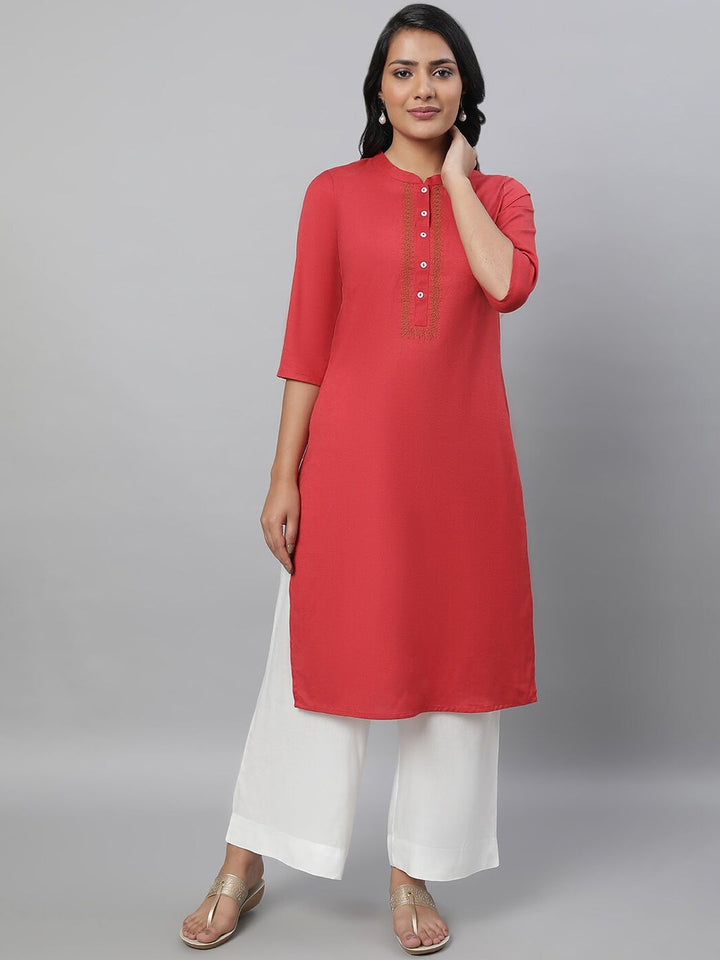 AURELIA Mandarin Collar Thread Work Straight Kurta