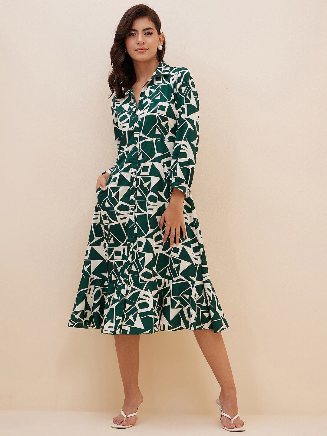 Antheaa Geometric Printed Shirt Midi Dress