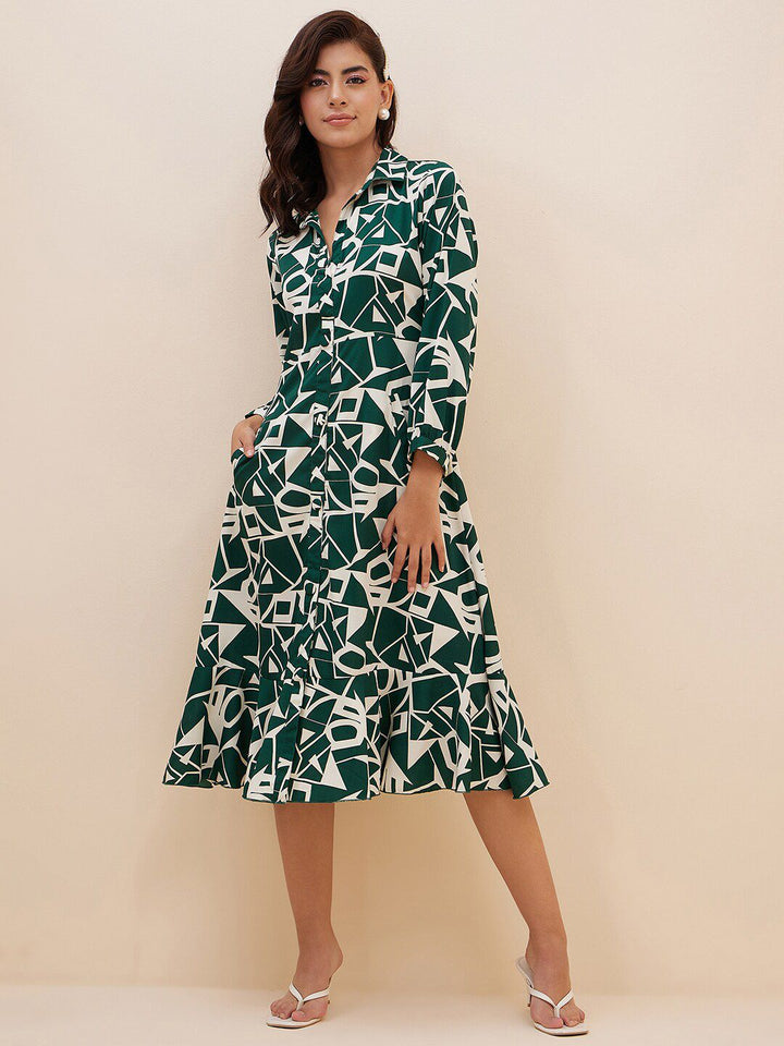 Antheaa Geometric Printed Shirt Midi Dress