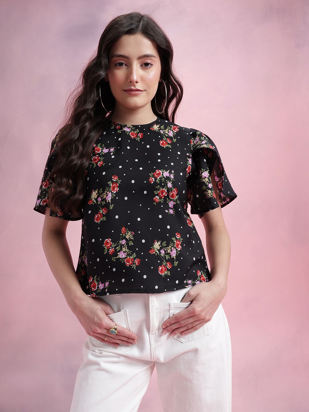DressBerry Floral Print Tulip-Style Flared Sleeves Top
