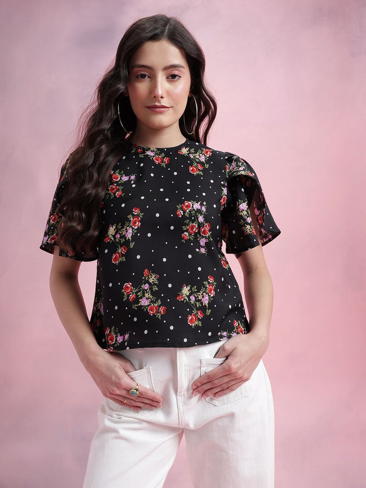 DressBerry Floral Print Tulip-Style Flared Sleeves Top