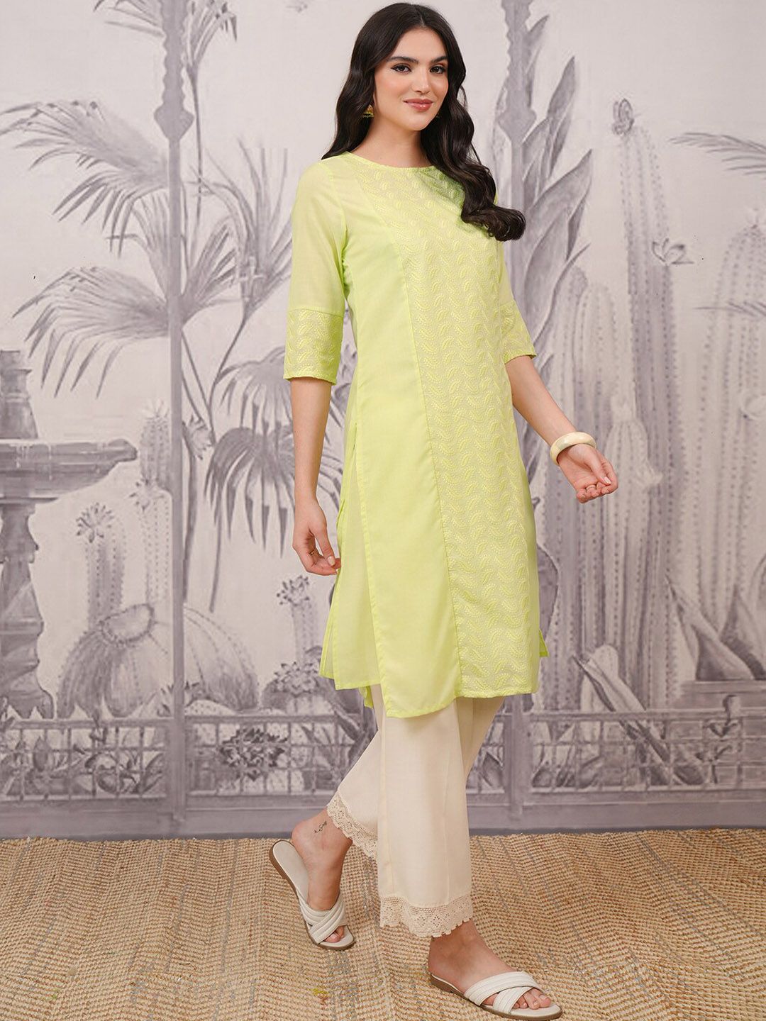 Vishudh Yellow Floral Thread Work Round Neck A-Line Kurta