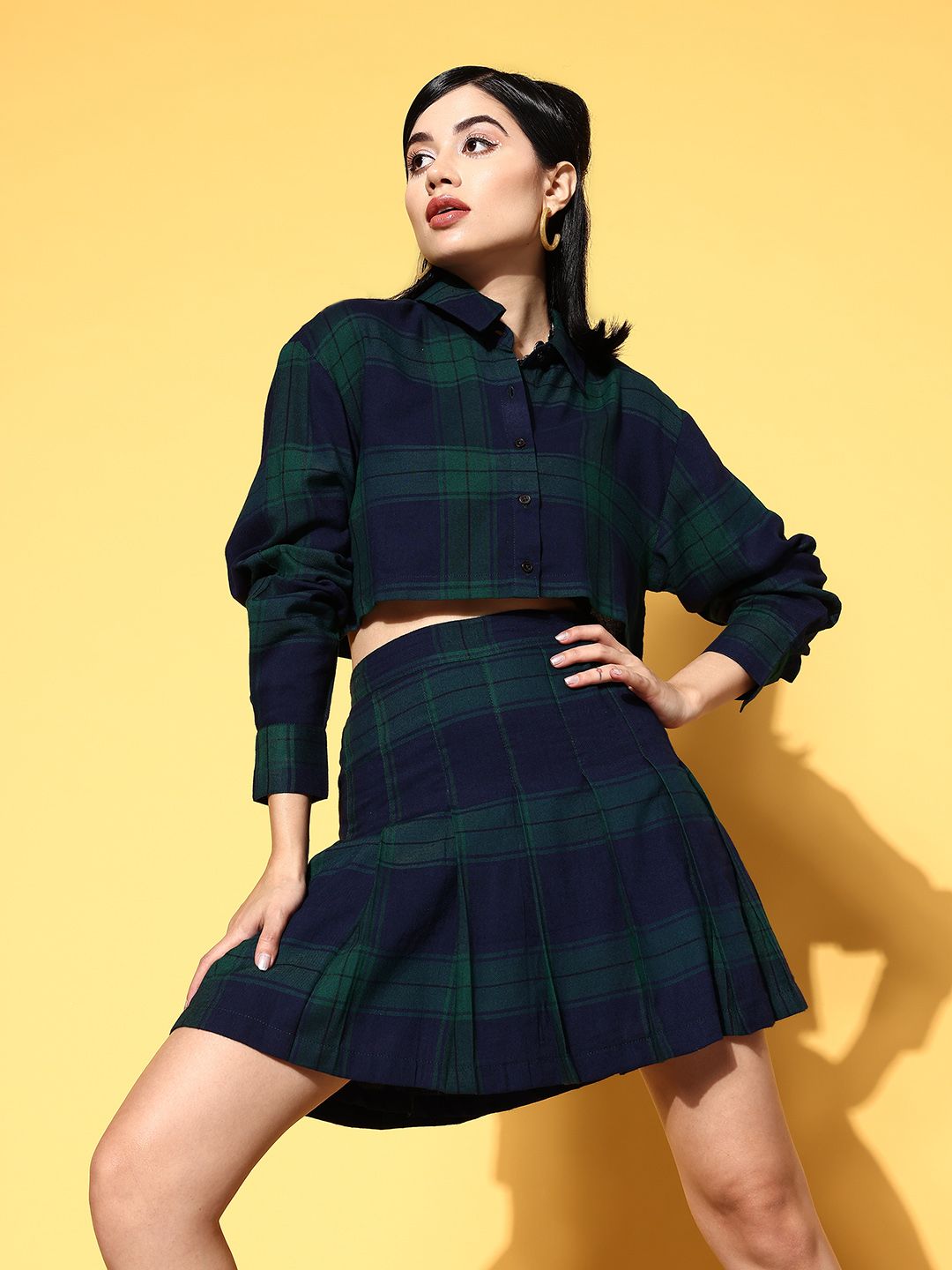 SASSAFRAS Women Navy Blue Checked Shirt with Skirt
