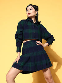 SASSAFRAS Women Navy Blue Checked Shirt with Skirt
