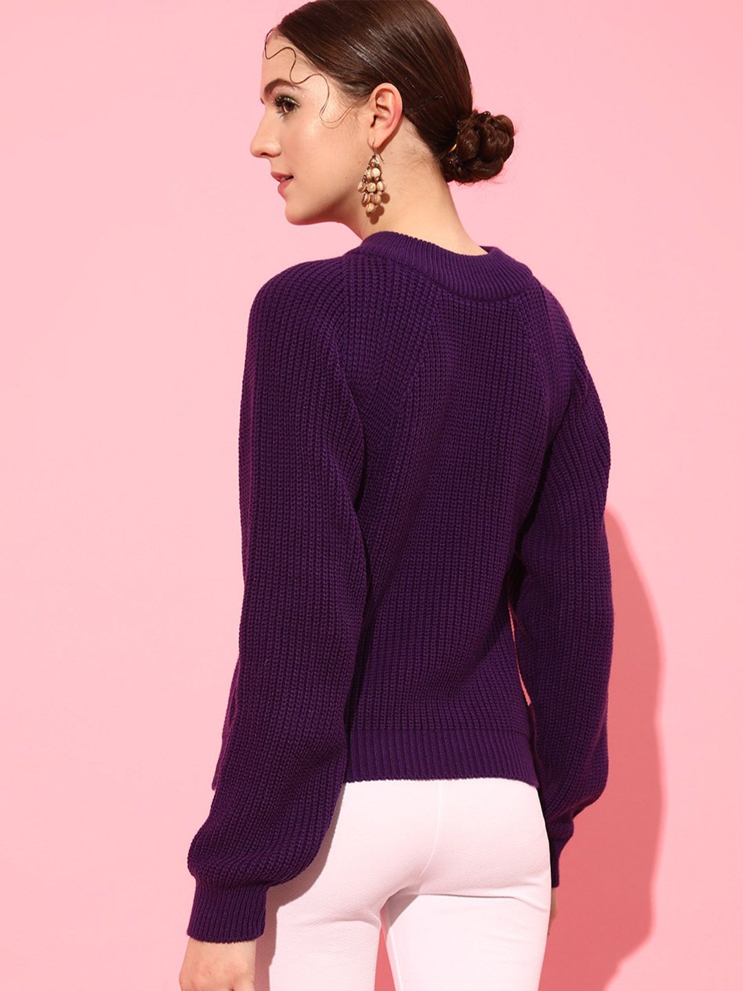 STREET 9 Women Purple Ribbed Long Sleeves Acrylic Pullover