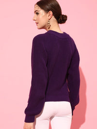 STREET 9 Women Purple Ribbed Long Sleeves Acrylic Pullover