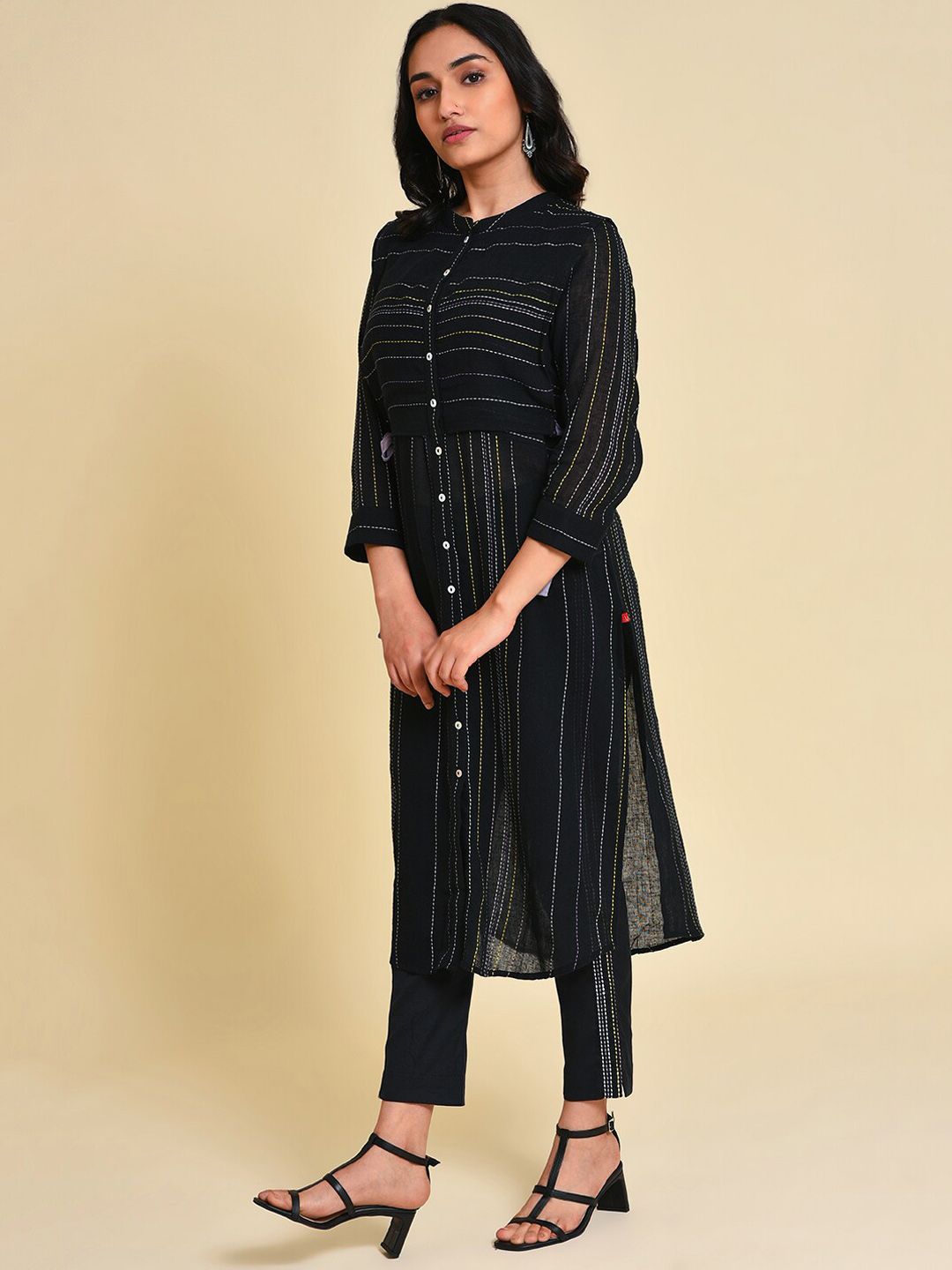 W Striped Thread Work Pure Cotton Kurta with Trousers