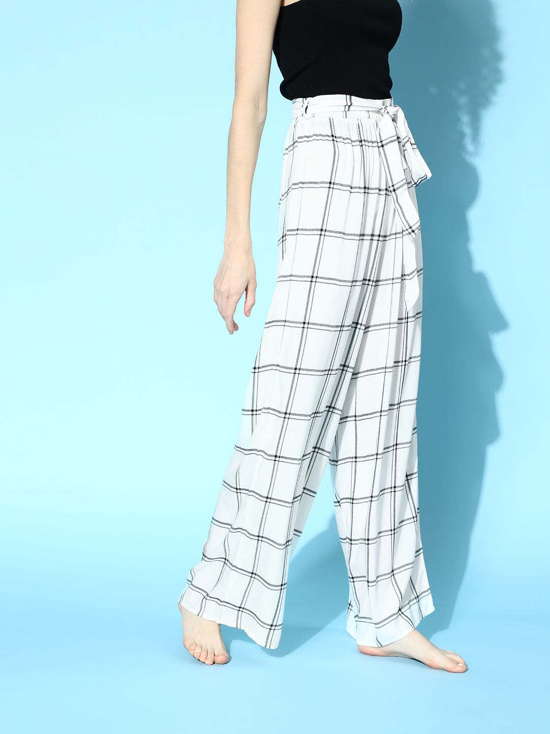 Berrylush Women Classic White Checked Graduated Flare Trousers
