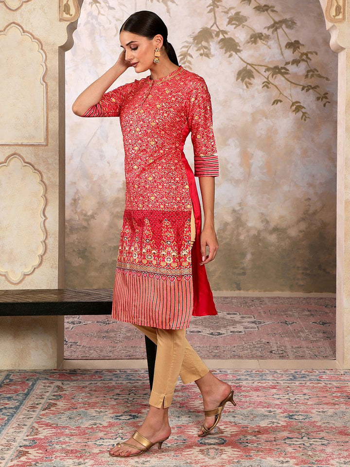 AURELIA Foil Floral Printed Sequined Mandarin Collar Straight Kurta