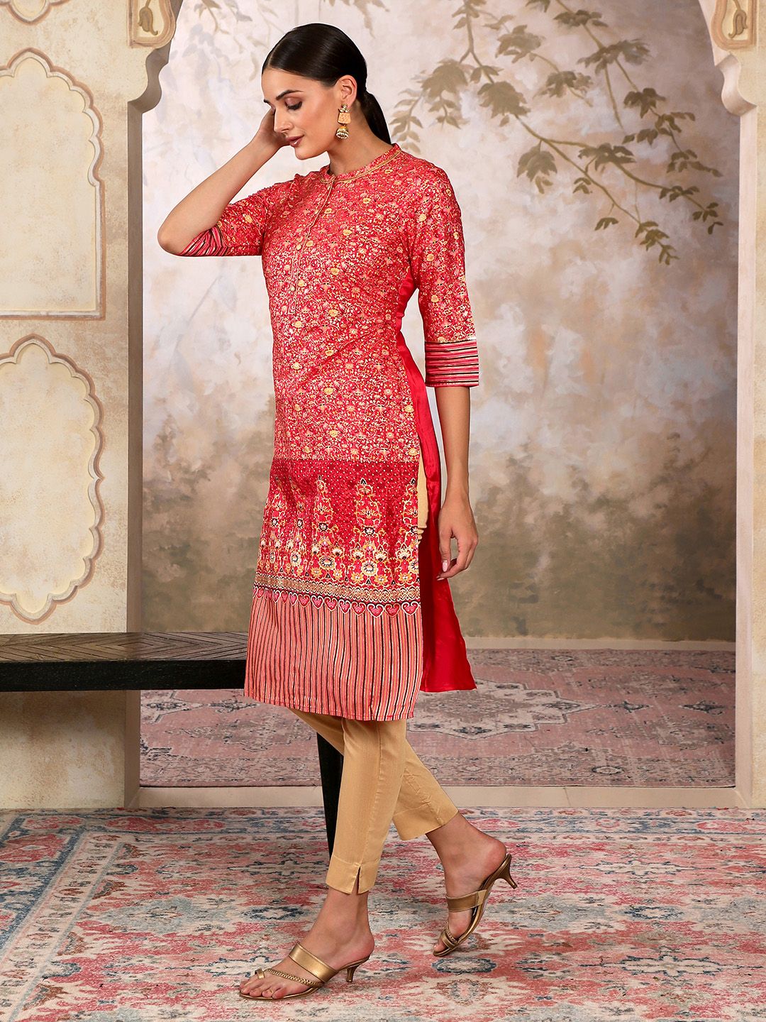AURELIA Foil Floral Printed Sequined Mandarin Collar Straight Kurta
