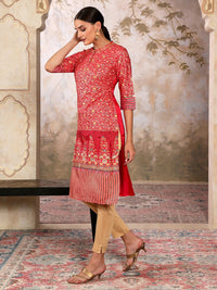 AURELIA Foil Floral Printed Sequined Mandarin Collar Straight Kurta