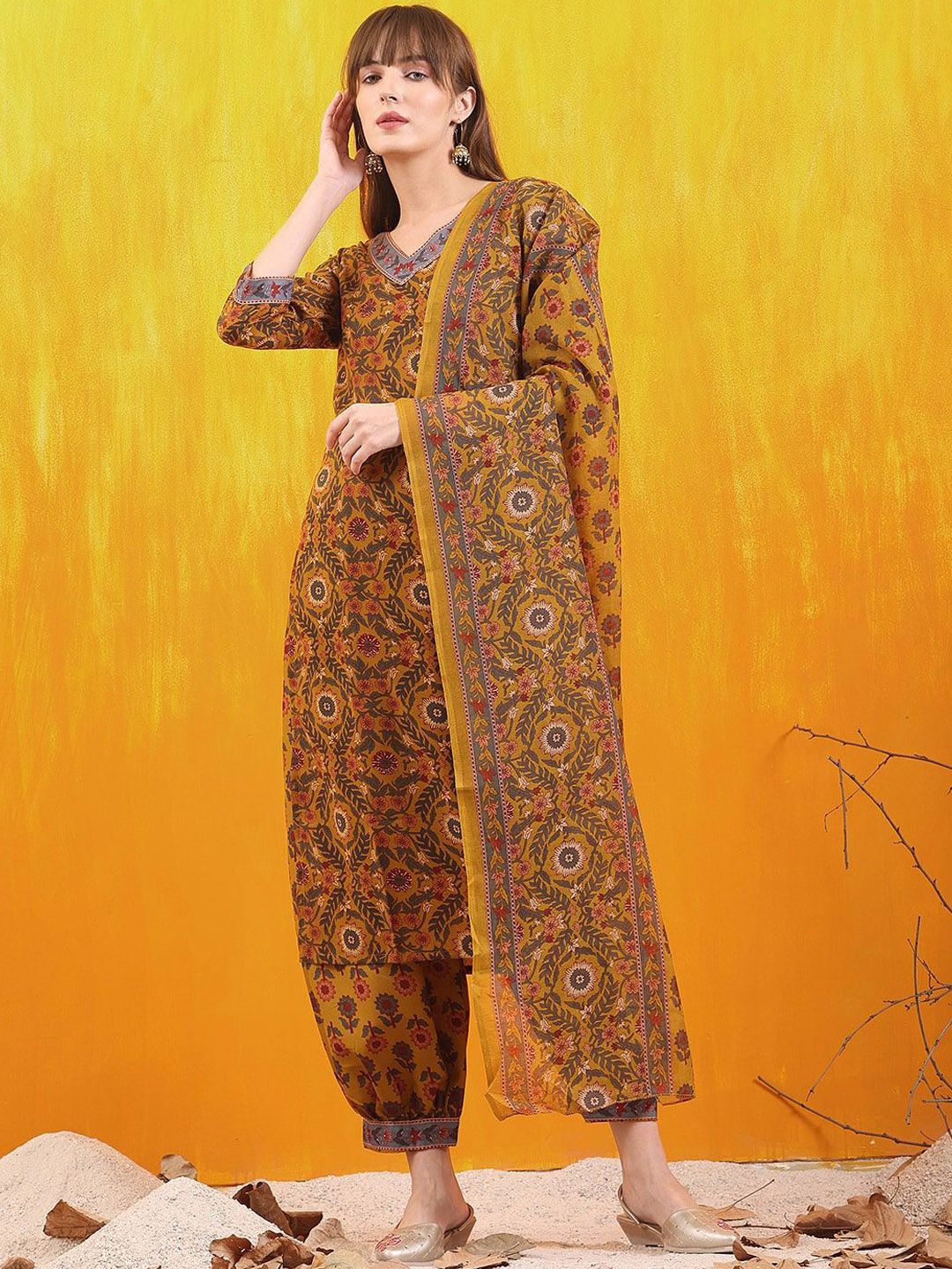 KALINI  Floral Printed V-Neck Straight Kurta With Salwar And Dupatta