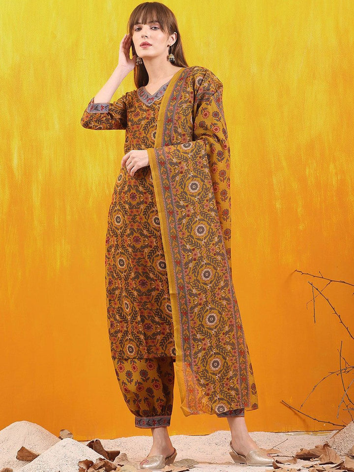 KALINI  Floral Printed V-Neck Straight Kurta With Salwar And Dupatta