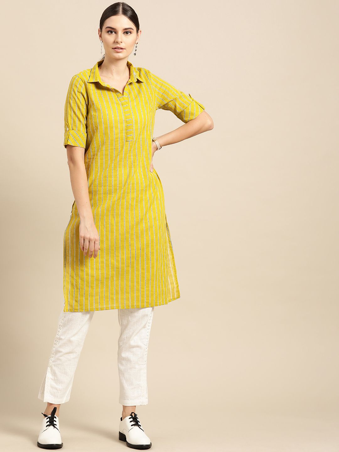 Anouk Women Lime Green & Teal Blue Striped Pure Cotton Straight Kurta