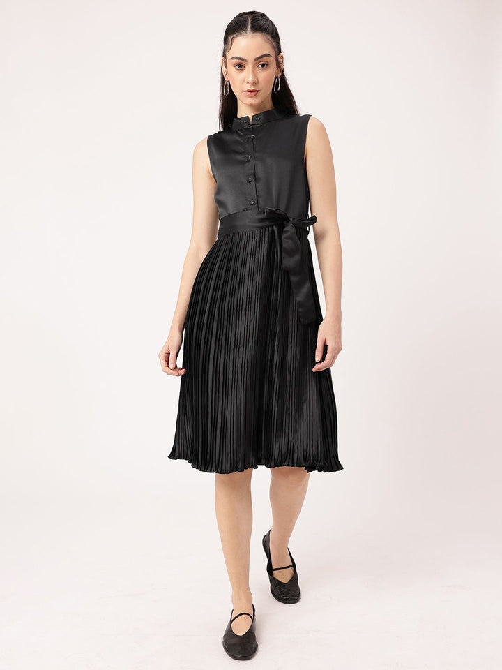 DressBerry Satin Sophistication Accordion Pleated Bow Detailed A-line Dress