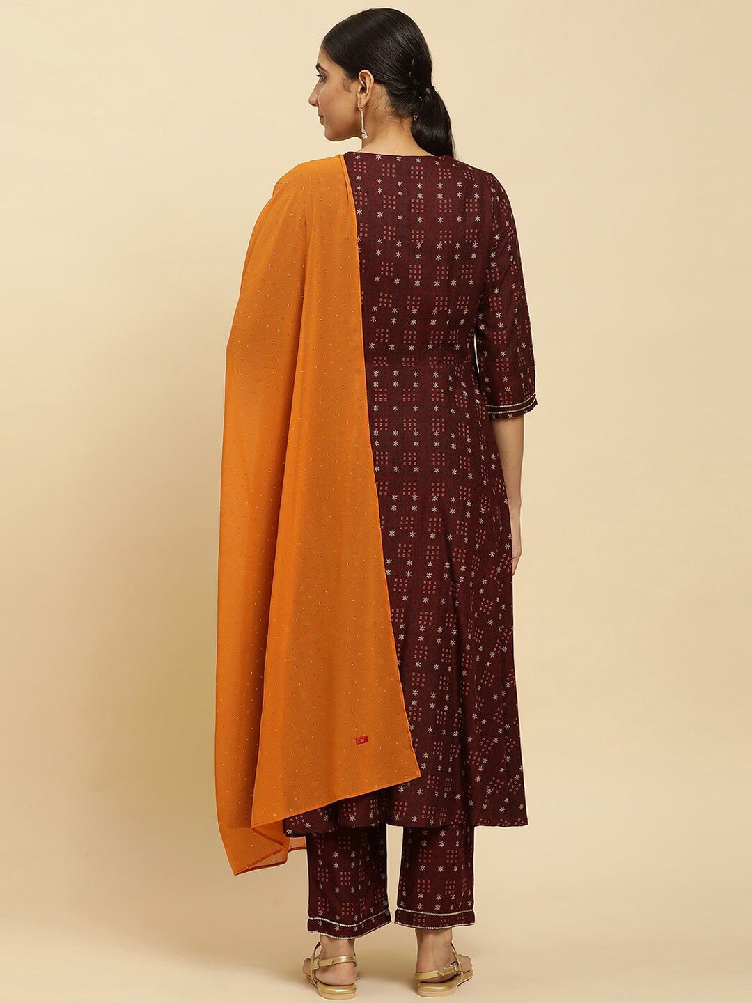 W Brown Ethnic Motifs Printed Thread Work Detailed A-Line Kurta & Trousers With Dupatta