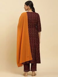 W Brown Ethnic Motifs Printed Thread Work Detailed A-Line Kurta & Trousers With Dupatta