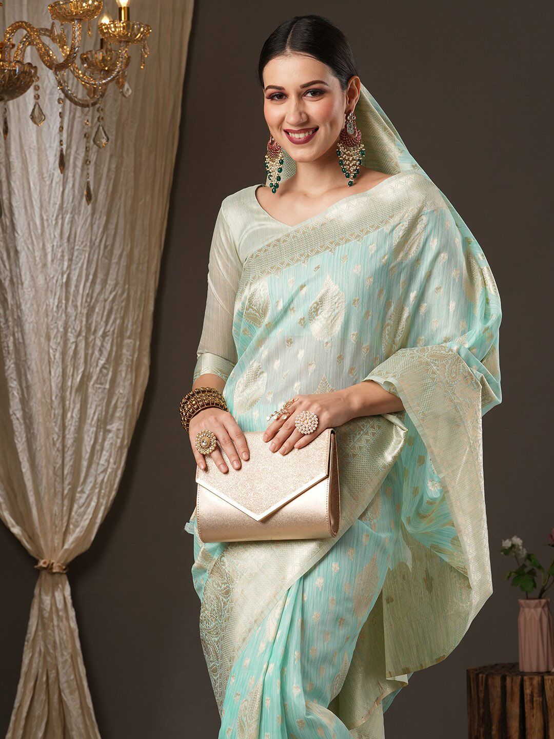 Saree mall Sea Green & Gold-Toned Woven Design Zari Muga Sarees