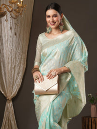 Saree mall Sea Green & Gold-Toned Woven Design Zari Muga Sarees
