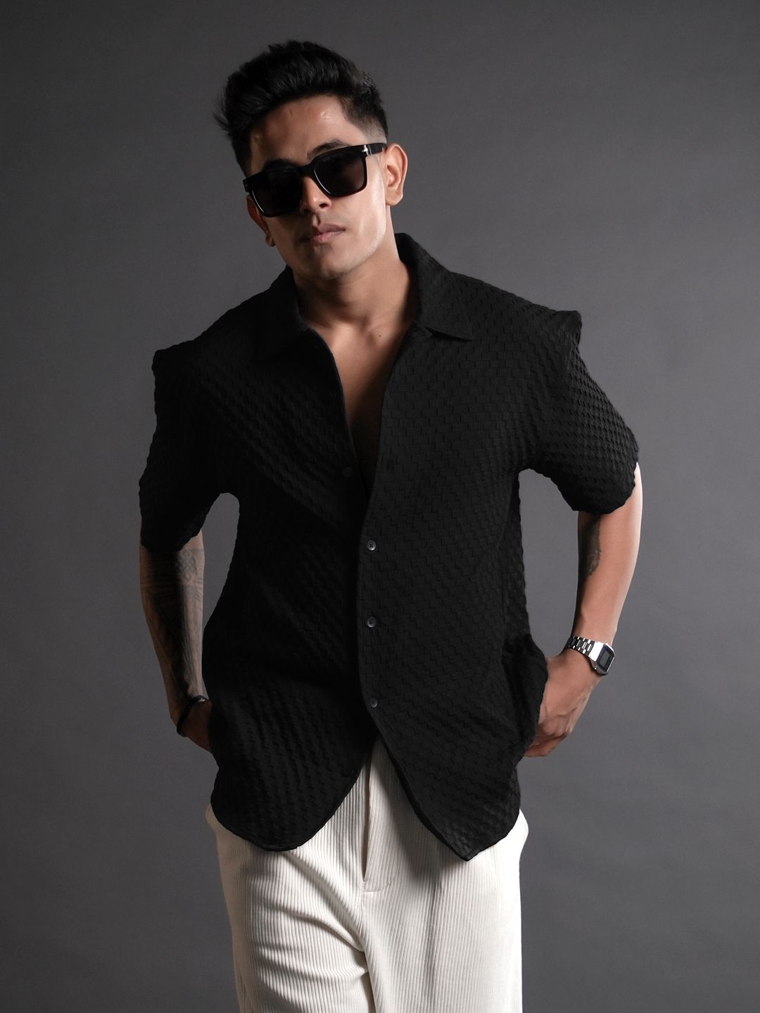 Powerlook Black India Slim Textured Short Sleeves Oversized Casual Shirt