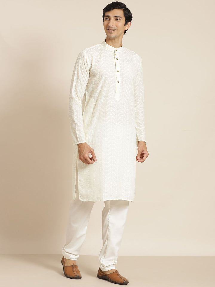 SOJANYA Men Cream-Coloured Chikankari Pure Cotton Kurta with Churidar & Nehru Jacket