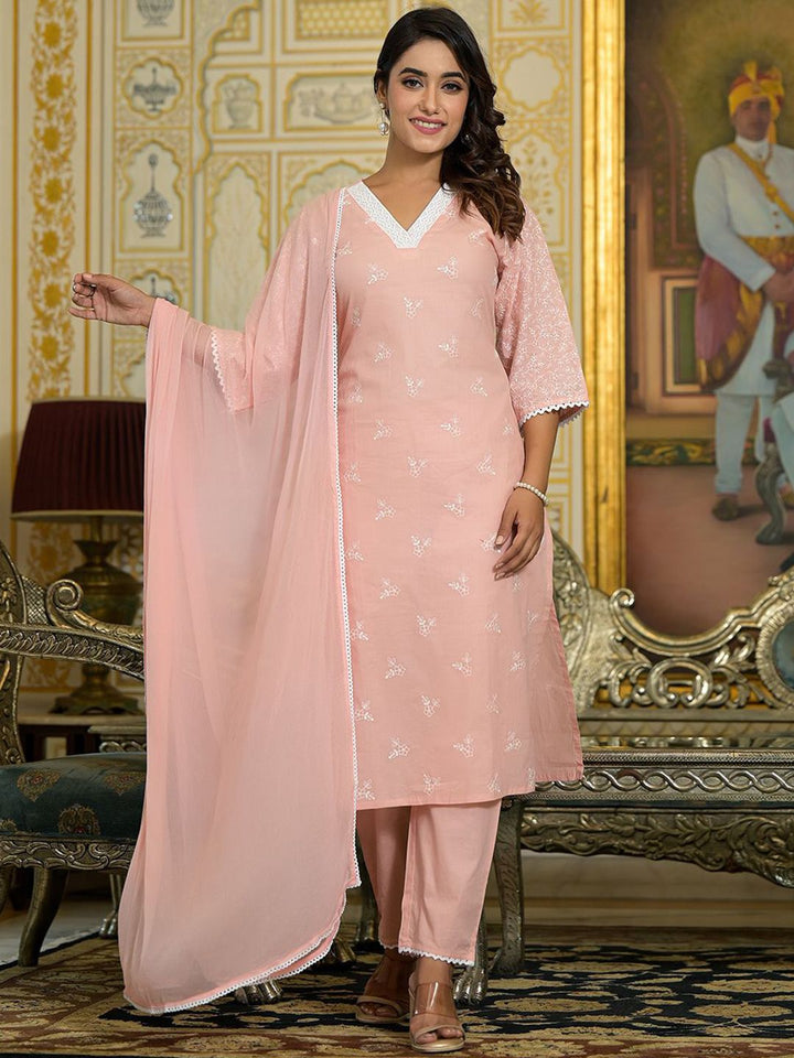 Varanga Floral Embroidered Chikankari Straight Kurta With Trousers & Dupatta