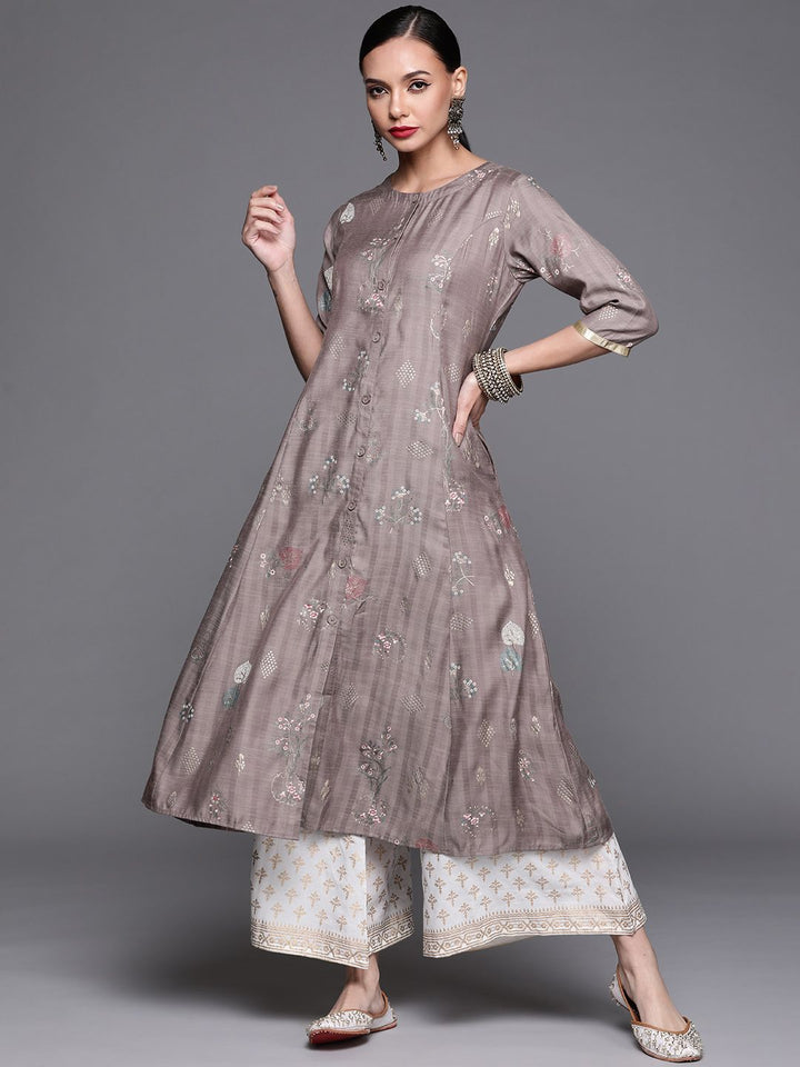 Libas Women Grey & Golden Floral Motifs Printed A-line Kurta with Pocket
