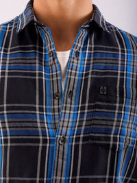 The Indian Garage Co Men Black & Blue Checked Pure Cotton Casual Shirt