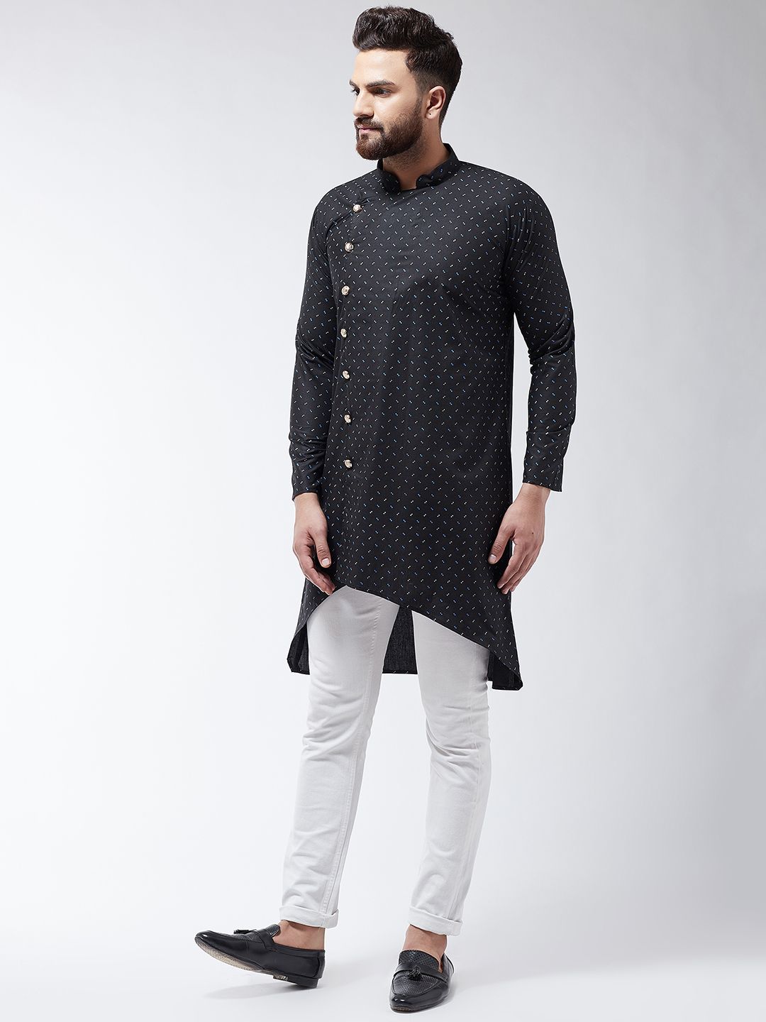 SOJANYA Lelaki Black Printed Cotton Linen Kurta Lurus