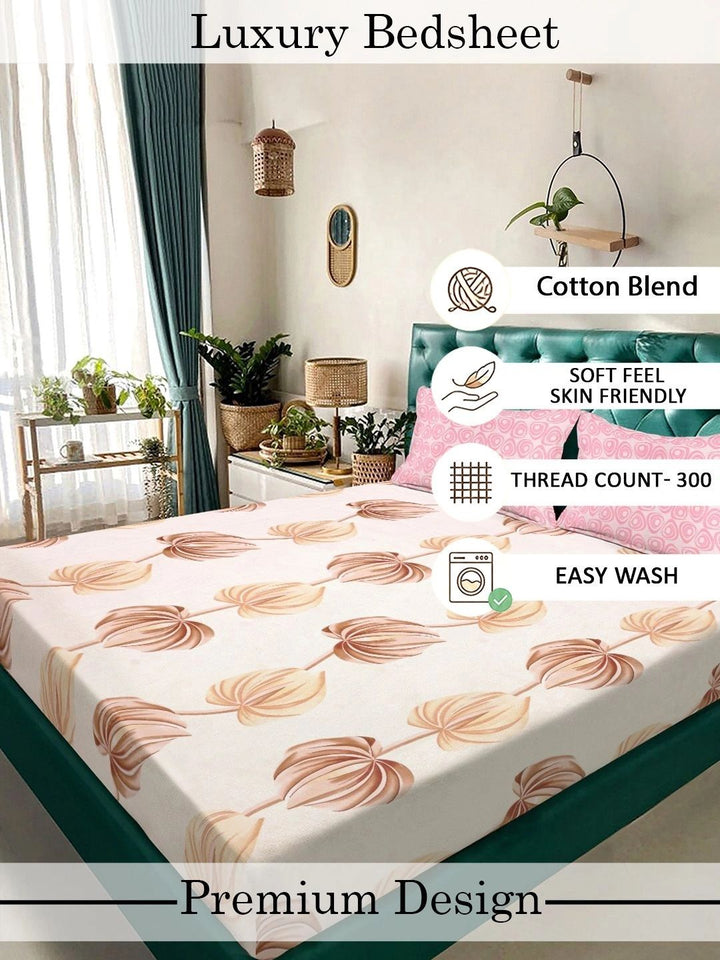 Moda Rapido X KLOTTHE Cream-Coloured Floral 300 TC King Bedsheet with 2 Pillow Covers