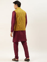 SOJANYA Men Maroon & Mustard Yellow Kurta with Churidar And Nehru Jacket
