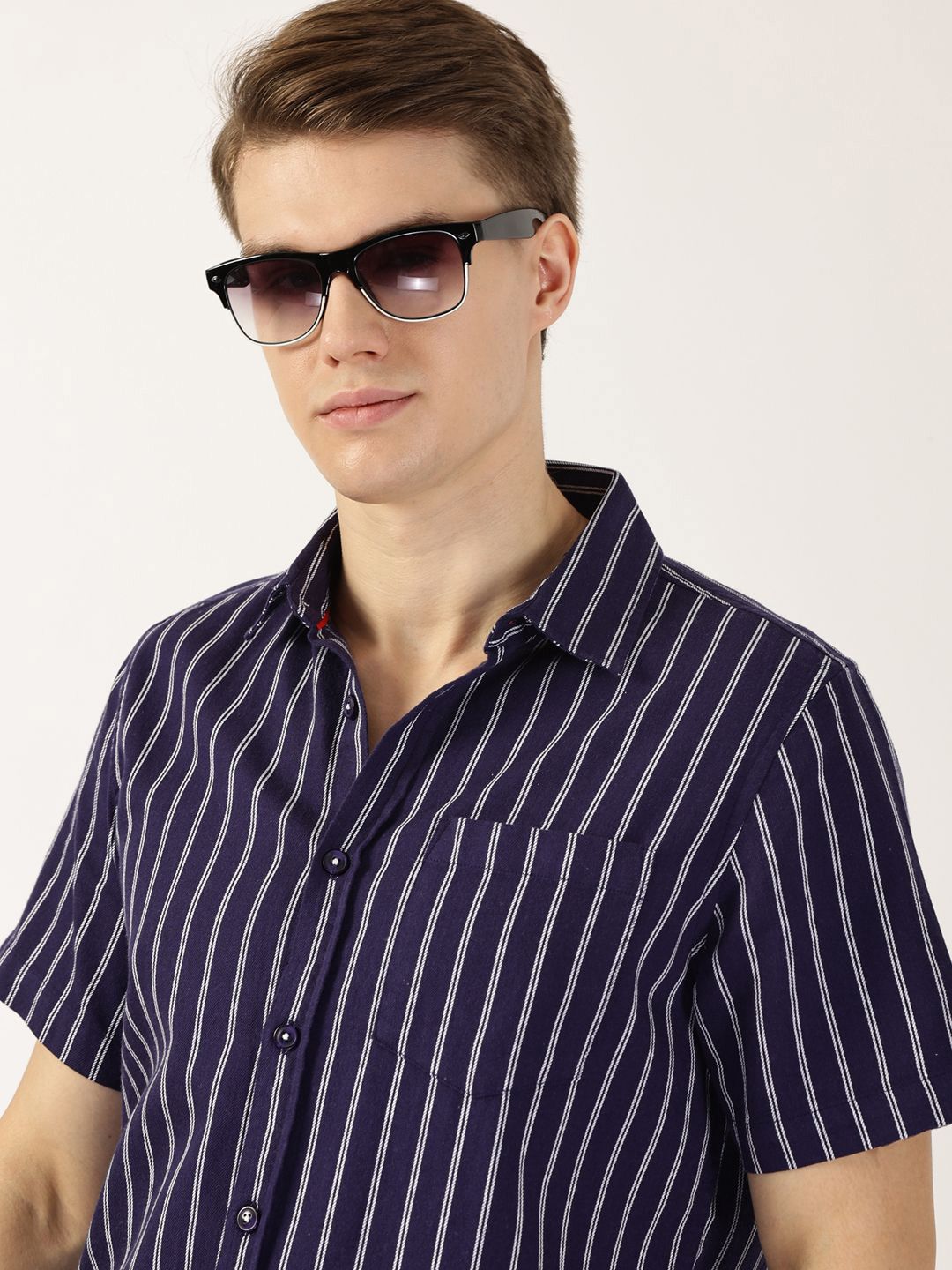 Thomas Scott Men Classic Slim Fit Spread Collar Vertical Striped Cotton Casual Shirt