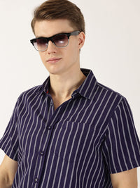 Thomas Scott Men Classic Slim Fit Spread Collar Vertical Striped Cotton Casual Shirt