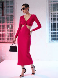 SASSAFRAS Pink V-Neck Long Sleeve Cut-Outs Bodycon Maxi Dress