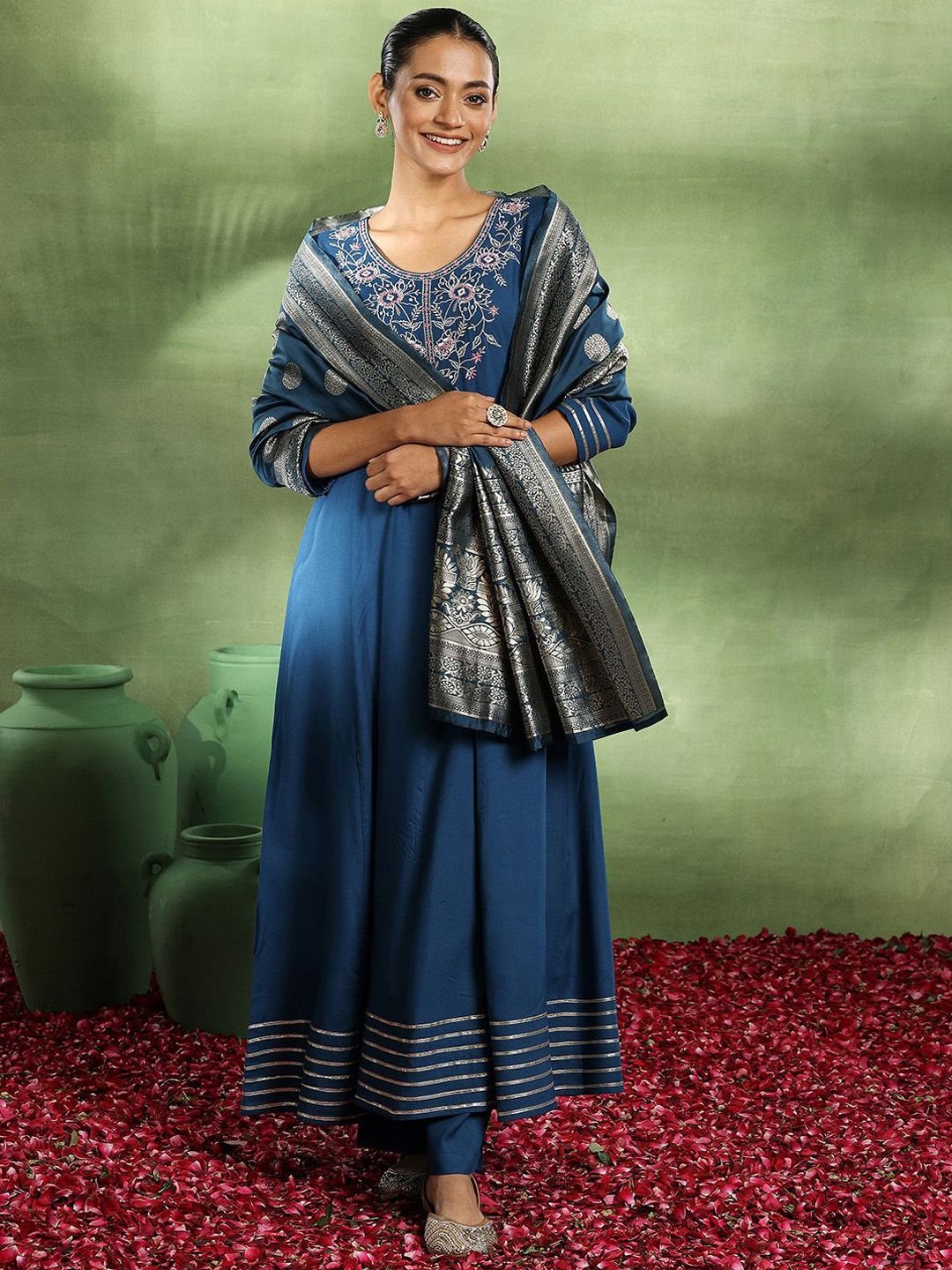 Libas Womens Teal Yoke Design Viscose Anarkali Kurta With Trousers & Dupatta