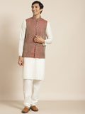 SOJANYA Lelaki Kurta Kapas Tulen Chikankari Berwarna Krim dengan Jaket Churidar & Nehru