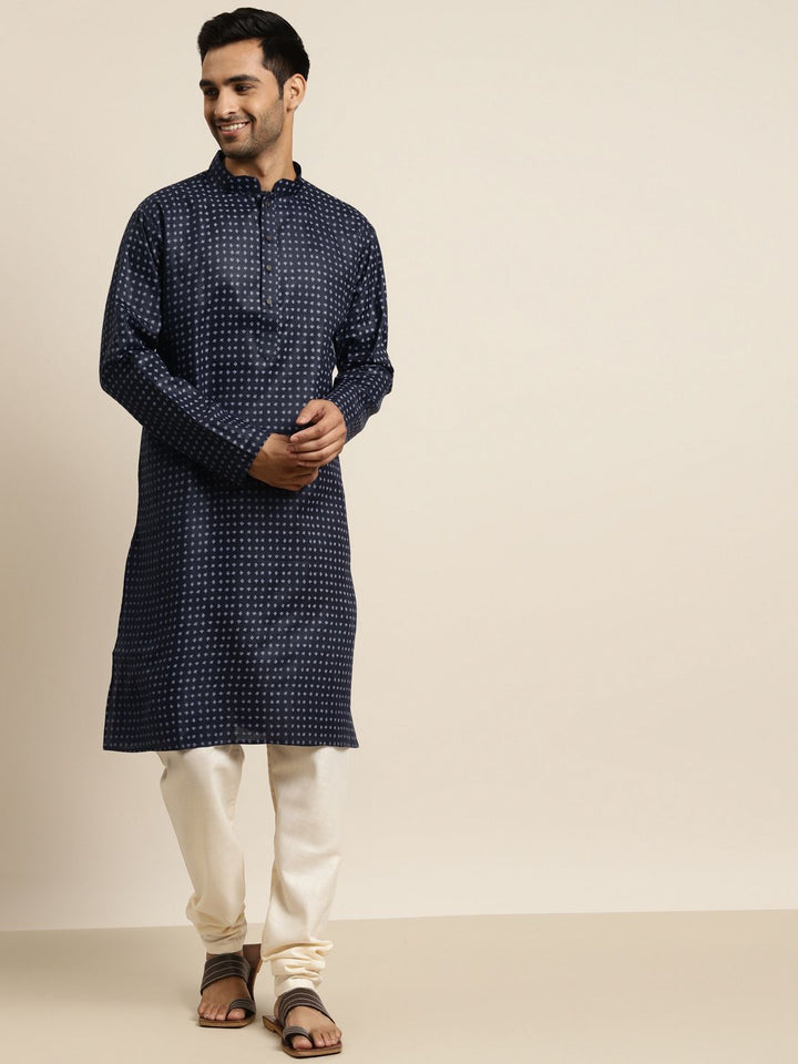 SOJANYA Lelaki Navy Blue & White Geometric Printed Kurta