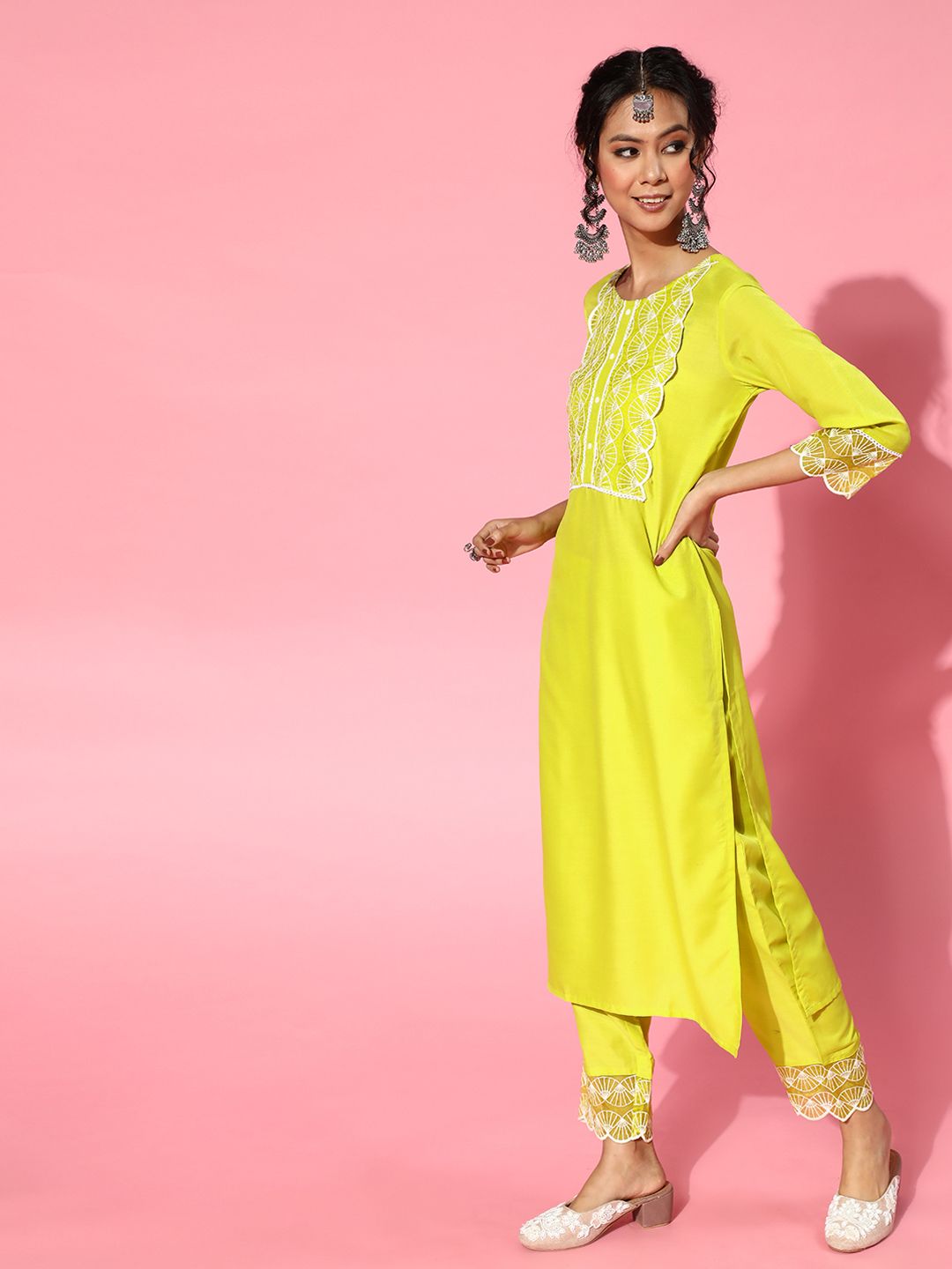 Indo Era Lime Green Silk Blend Scalloped Edge Kurta Set