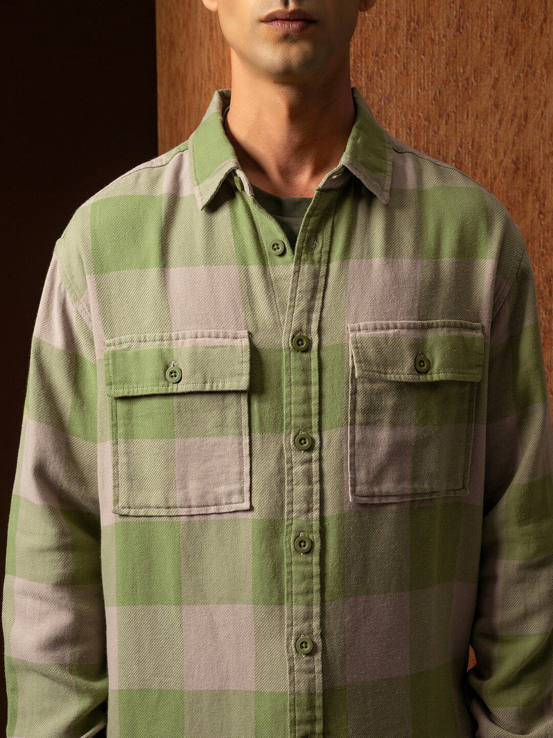 Locomotive Premium Men Green Oversized Oxford Dobby Textured Checked Overshirt