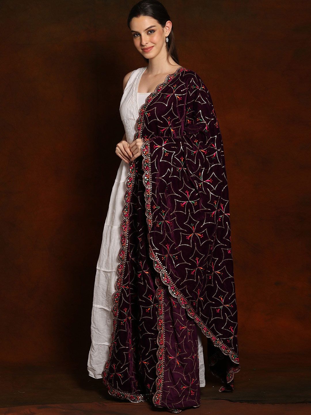 Exotic India Burgundy Velvet Dupatta with Zari and Sequinned Diamond Pattern