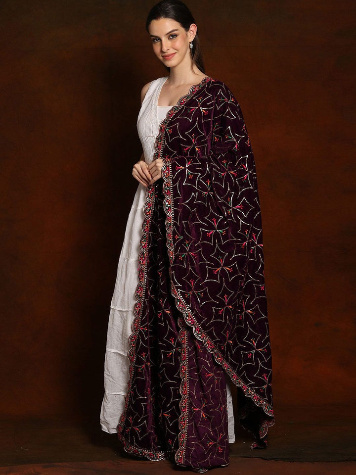 Exotic India Burgundy Velvet Dupatta with Zari and Sequinned Diamond Pattern